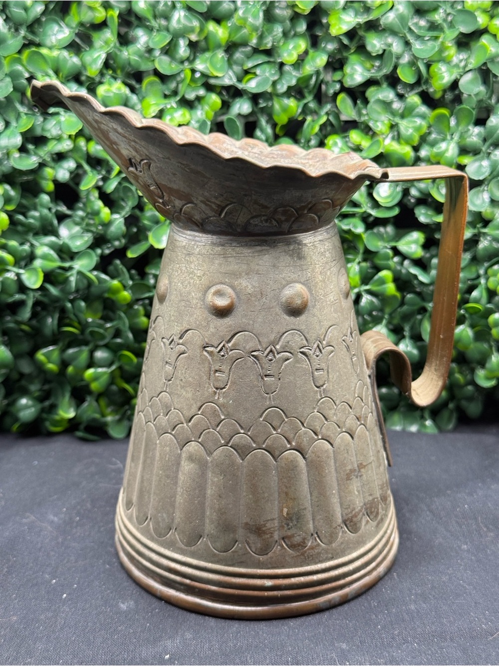 Antique Middle Eastern Tinned Copper Pitcher Ewer - Hand Hammered Floral Design
